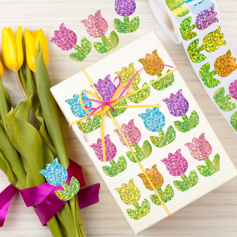 Whaline Spring Tulip Stickers Roll Laser Colorful Flower Shape Seal Stickers Floral Waterproof Self-Adhesive Decals for Envelope Journal Decor Birthday Holiday, 500 Pcs - Image 4